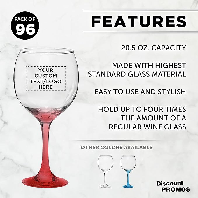 Custom Premiere Wedding Wine Glasses 20.5 oz Set of 96, Personalized Bulk Pack - Restaurant Glassware, Perfect for Red Wine or White Wine - Red