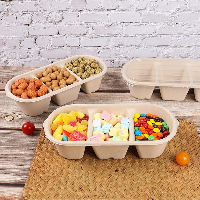 disposable paper 35 oz 3 compartments bowls with lids, Sugarcane Fiber Bowls For Snack, Dessert, Meal Prep 50 Pack