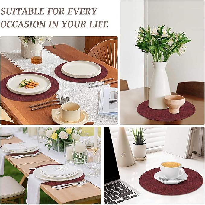 13" Round Placemats Set of 12, Reversible Faux Leather Heat Resistant Table Mats, 100% Waterproof Oilproof Wipeable Table Protective Placemats for Vinyl, Washable for Indoor (12, Burgundy)