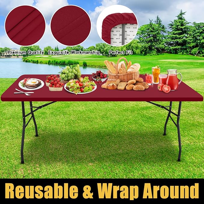 Smiry Rectangle Picnic Table Cloth, Waterproof Elastic Fitted Tablecloths for 4 Foot Tables, Washable Polyester Table Cover for Camping, Indoor and Outdoor (Wine Red, 30"x48")