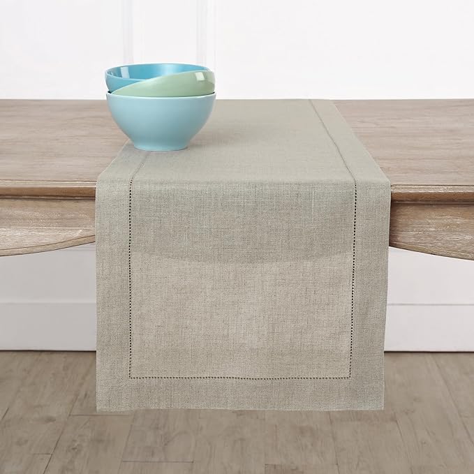 Solino Home Linen Natural Table Runner 48 Inches - Classic Hemstitch, 100% Pure Linen Coffee Table Runner 14 x 48 Inch Ideal for Dresser Tables - Spring, Easter