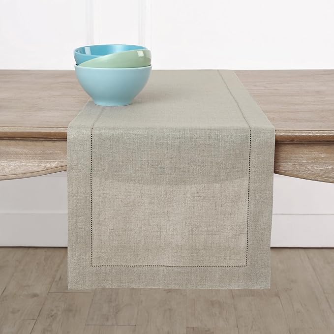 Solino Home Linen Natural Table Runner 72 Inches Long - 100% Pure Linen Hemstitch Table Runner 14 x 72 Inch for Dresser, Dining, Spring, Easter - Classic Hemstitch