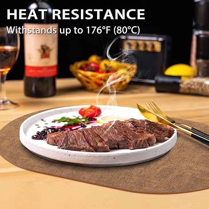 Placemats Set of 8 - Washable Heat Resistant Table Placemats - Wipeable Faux Leather Oval Place Mats, Waterproof Table Mats for Dining Table, Brown