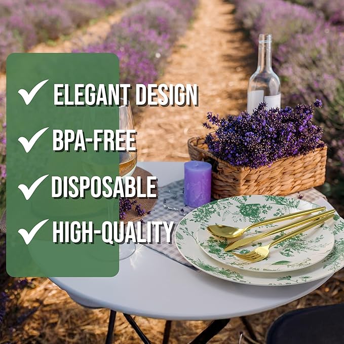 Trendables Fancy Plastic Dinnerware Sets 100 Pc Set 20 Guests Gold Silverware Disposable 20 X 10 Inch Charger Plates 20 X 8 Inch Dessert Plates 20 x Gold Plastic Forks and Spoons Knives In Verdure