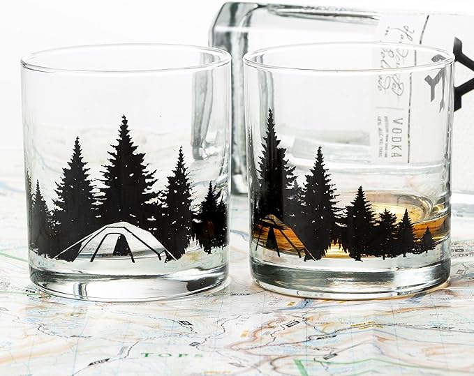 Black Lantern Camping in the Woods Whiskey Glasses – Set of 2 11oz Old Fashioned Glasses with Gift Box