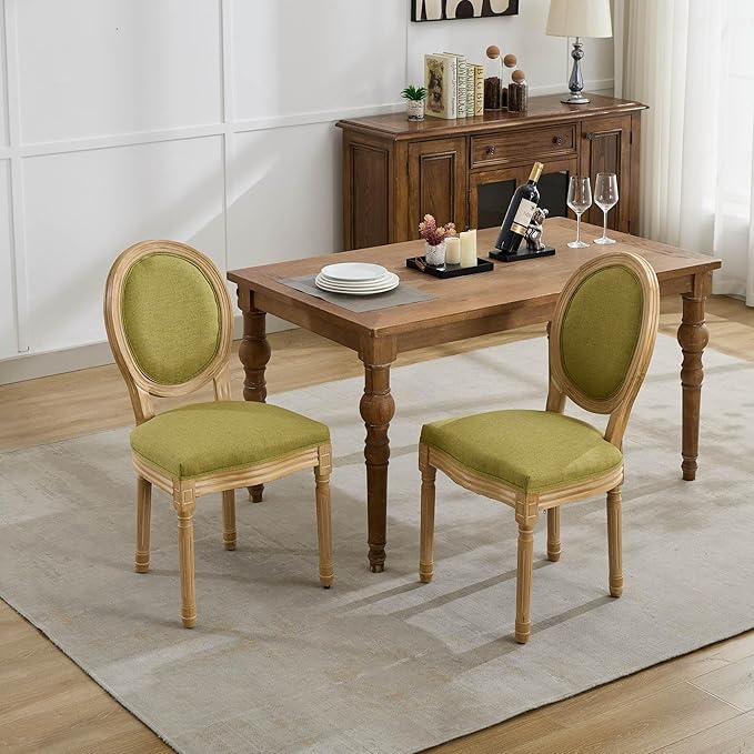 Vintage French Dining Chairs Set of 2, Round Back Upholstered Accent Chairs in Linen Fabric with Solid Wood Frame, Farmhouse Sillas de Comedor for Dining Room & Kitchen, Olive Green