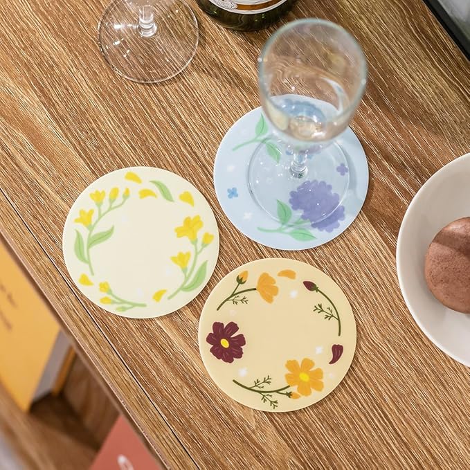FLT Silicone Colorful Coaster Set of 3, Non-Slip Drink Mat, Cute and Unique Printed Design (Made in Korea) (White - Animal)