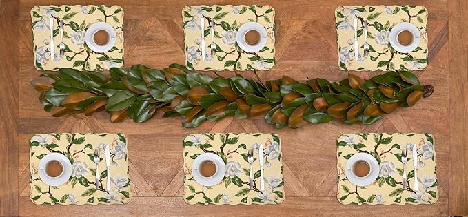 C&F Home Elle 100% Cotton Quilted Vintage Set of 6 Placemats 13" x 19" Spring Springtime Garden Floral Flowers Home Kitchen Dining Dinner Table Tabletop Machine Wash Reversible Scalloped Edge Decor