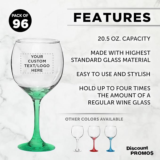 Custom Premiere Wedding Wine Glasses 20.5 oz Set of 96, Personalized Bulk Pack - Restaurant Glassware, Perfect for Red Wine or White Wine - Green