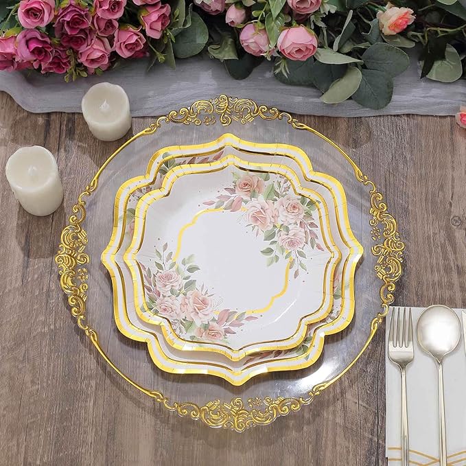 50 Pack 10" White/Gold Floral Print Scallop Rim Dinner Plates, Disposable Round Paper Party Plates 300 GSM for Festive Table Decoration