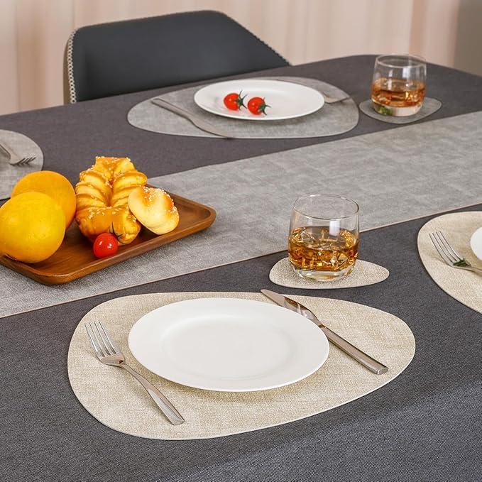 Placemats and Coasters, Washable Placemats Round Faux Leather Wipeable Place Mats Non Slip Heat Resistant Indoor Outdoor Table Mats (Set of 6, Light Gray Cream-White)