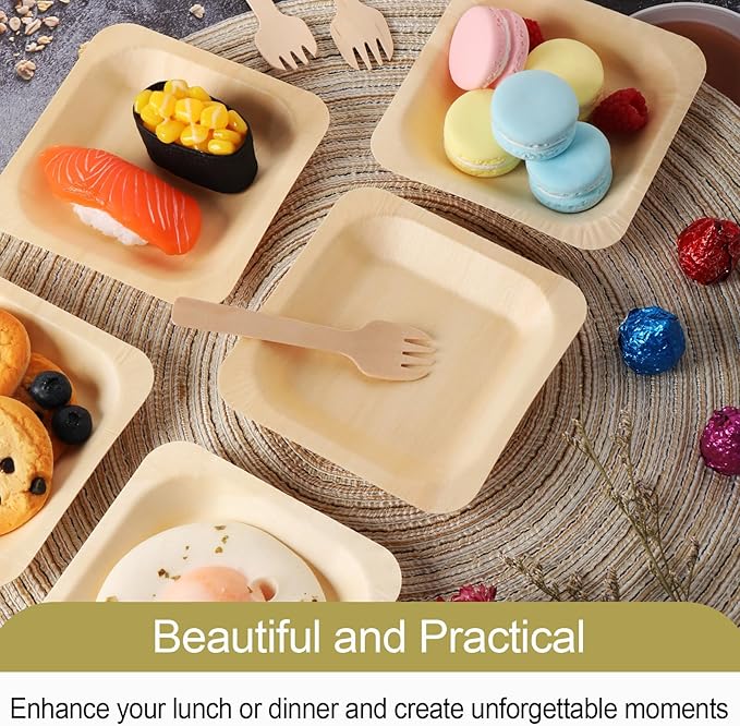 100 Pcs Disposable Palm Leaf Bowls, Square Bamboo Appetizer Plates, Compostable Wood Plates with Bamboo Forks for Birthday Wedding Party, Dessert, Catering and Home Use (4.4 x 4.4x0.5 Inch)