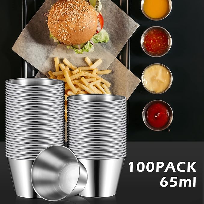 Mimorou 100 Pcs 2.5oz Metal Ramekins Stainless Steel Sauce Dipping Cups Ramekins Bulk Sauce Container Round Dipping Bowls Condiment Cup for Dish Butter Kitchen Restaurant Serving Party Dinner Cooking