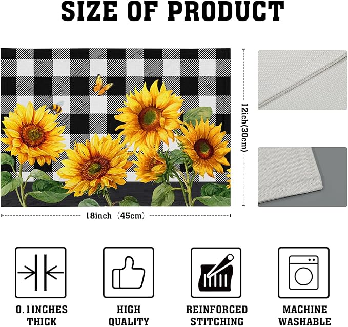 Sunflower Placemats Set of 4 - Buffalo Plaid Place Mats 12x18 Farmhouse Table Mats Spring Summer Kitchen Mats for Party Dining Table