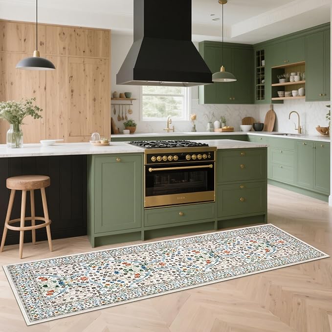 GarveeHome Washable Kitchen Runner Rug, Floral 2x6 Rug for Hallway Non Slip Stain Resistant, Ultra-Thin Boho Soft Hallway Rug for Entryway, Laundry Room Floor Mat, Beige