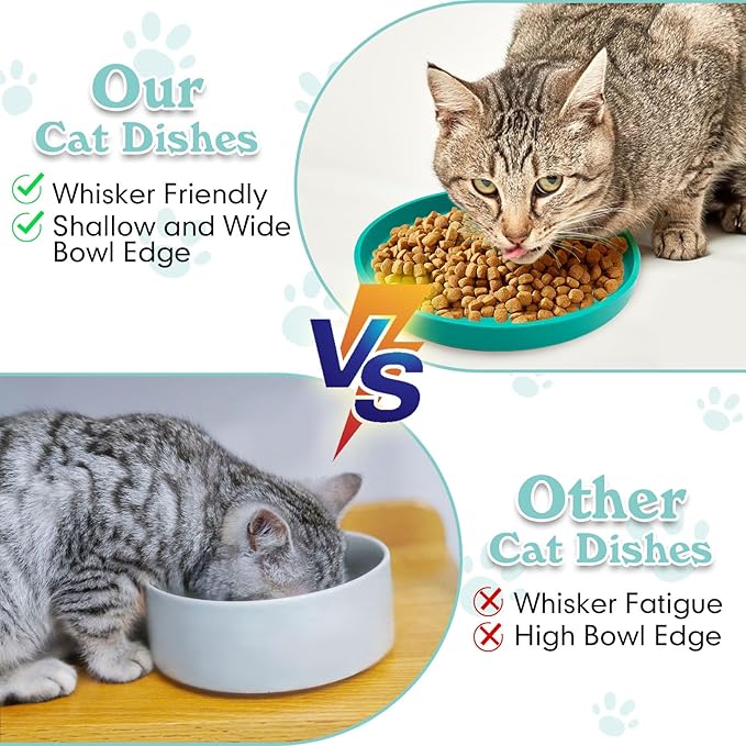 Silicone Cat Food Bowls Shallow Cat Dishes 5.9in Wide Pet Plates Set of 2 Small Flat Dog Saucer Bowl Cute Whisker Fatigue Kitten Feeding Dish for Dry & Wet Food (Round Bean Green)