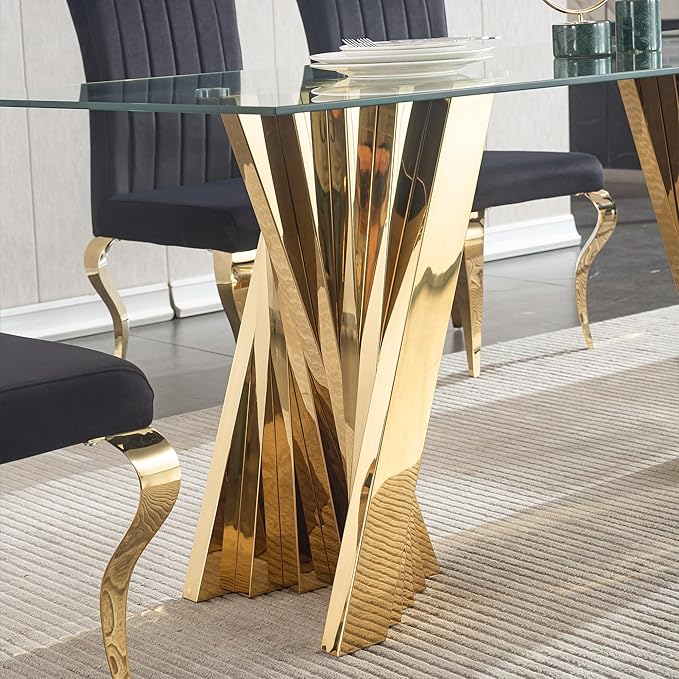 70" Glass Dining Table,Gold Dinner Room Glass Table for 6 8,Modern Kitchen Dinner Table with Stainless Steel Base and Clear Tempered Glass Top for Living Dining Room