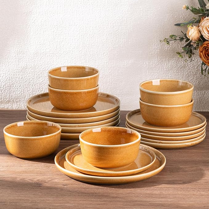 GBHOME Ceramic Dinnerware Sets for 4, 12 Pieces Stoneware Plates and Bowls Sets, Scratch Resistant Dishes, Dishwasher & Microwave Safe, Reactive Glaze-Amber