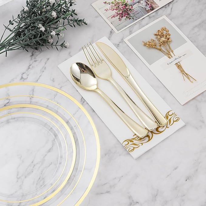 BESTVIP 350PCS Clear Gold Disposable Dinnerware Set for 50 Guests, Plastic Plates for Party, Wedding, Christmas, Include: 100 Plastic Plates, 50 Gold Silverware, 50 Cups, 50 Napkins