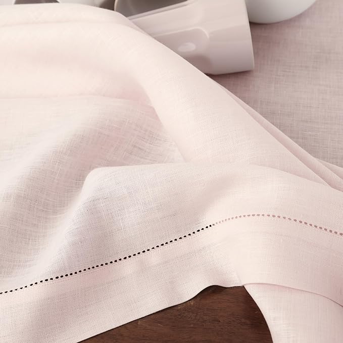 Solino Home Pink Linen Napkins Set of 6-100% Pure Linen Hemstitch Dinner Napkins 20 x 20 Inch for Valentines, Spring, Easter - Classic Hemstitch