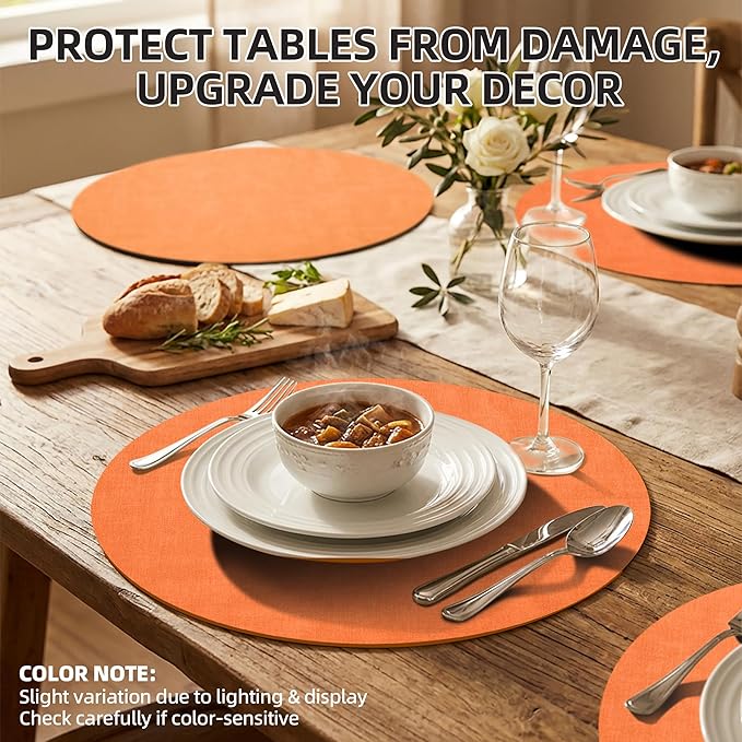 15 inch Faux Leather Round Placemats Set of 4 Non-Slip Washable Wipeable Table Mats, Heat Resistant Waterproof Oilproof Orange Place Mats for Kitchen, Dining, Party, Indoor, Outdoor