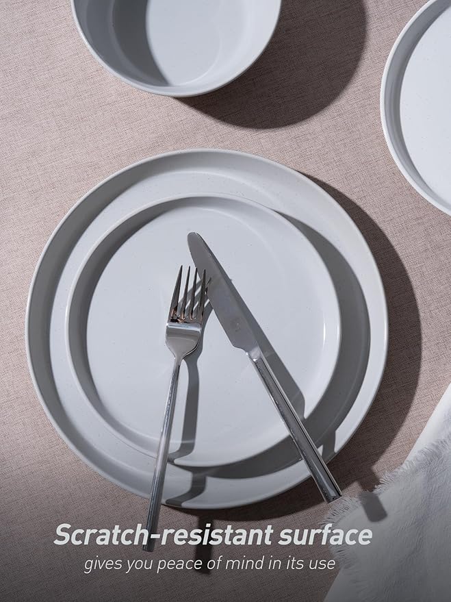 Famiware Saturn 16 Pieces Plates and Double Bowls Sets for 4, Stoneware Dinnerware Set with Pasta Bowl, Dish Set with Trim - Chip & Scratch Resistant, Microwave & Dishwasher Safe, Light Gray