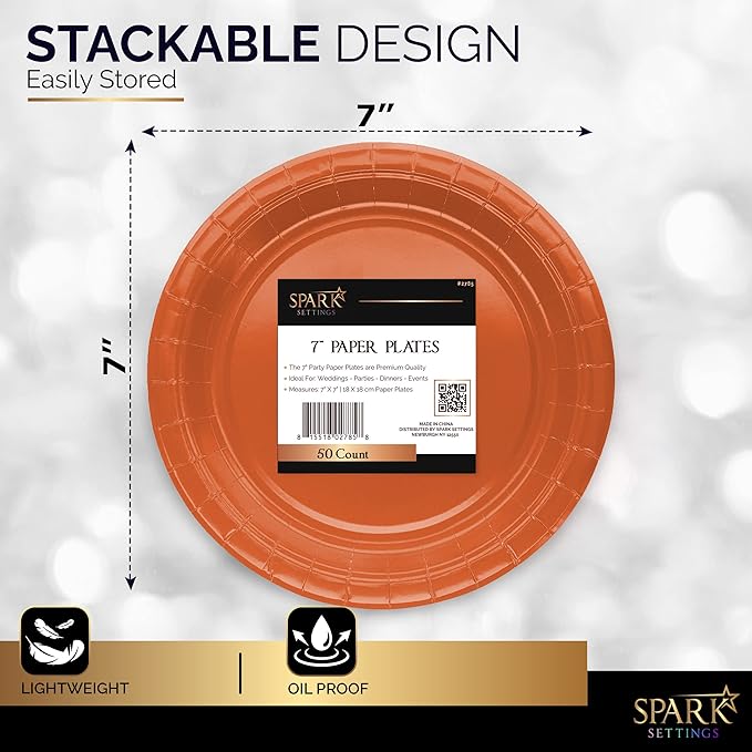 Disposable Paper Plates Orange, 7 Inch Paper Dessert Plates, Strong and Sturdy Disposable Plate for Party, Dinner, Holiday, Picnic, or Travel Party Plate, Pack of 50
