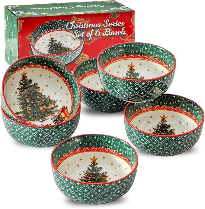 Ceramic Bowls set of 6,26 OZ Soup Bowls,Stoneware Bowls for Noodles,Salad,Ideal for Celebrations,Holiday Gatherings,Festive Christmas Table Decor,Microwave and Dishwasher Safe
