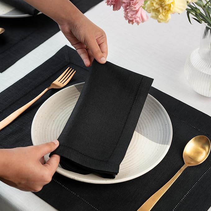 D'Moksha Homes Black Linen Napkins Set of 6 - Classic Hemstitch 100% Pure Linen Hemstitch Dinner Napkins 20 x 20 Inch for Spring, Easter - Handcrafted and Machine Washable