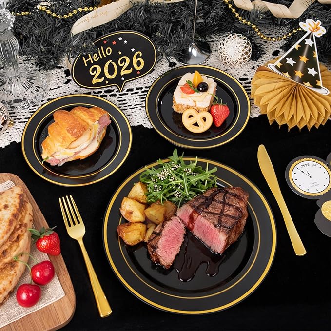 350 Pieces Black and Gold Plastic Plates with Disposable Silverware, Include 50 Dinner Plates 9”, 50 Dessert Plates 6.3”, 50 Black Cups 9 OZ, 50 Pre Rolled Napkins for Birthday Weddding Party
