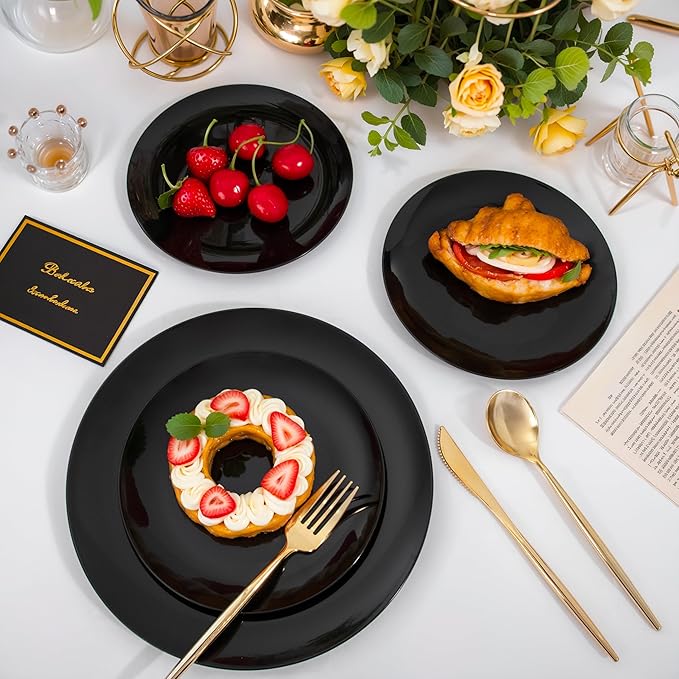 I00000 200 PCS Black Plastic Plates for 100 Guests Include: 10.25 inch 100 Pieces Dinner Plate and 7.5 inch 100 Pieces Dessert Plate, Premium Plastic Plates Perfect for Birthday, Wedding & Party