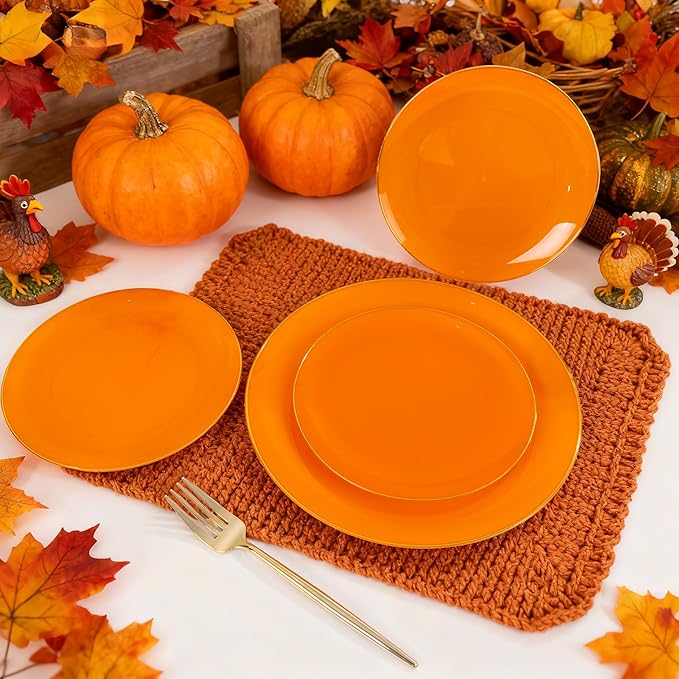 MirthMood 210PCS Orange Plastic Plates,Orange plastic Dinner Plates– Plastic Plates Set Includes 30 Dinner,30 Dessert Plate,30 Cup&50 Napkins, 30 Silverware for Wedding & Birthday Parties