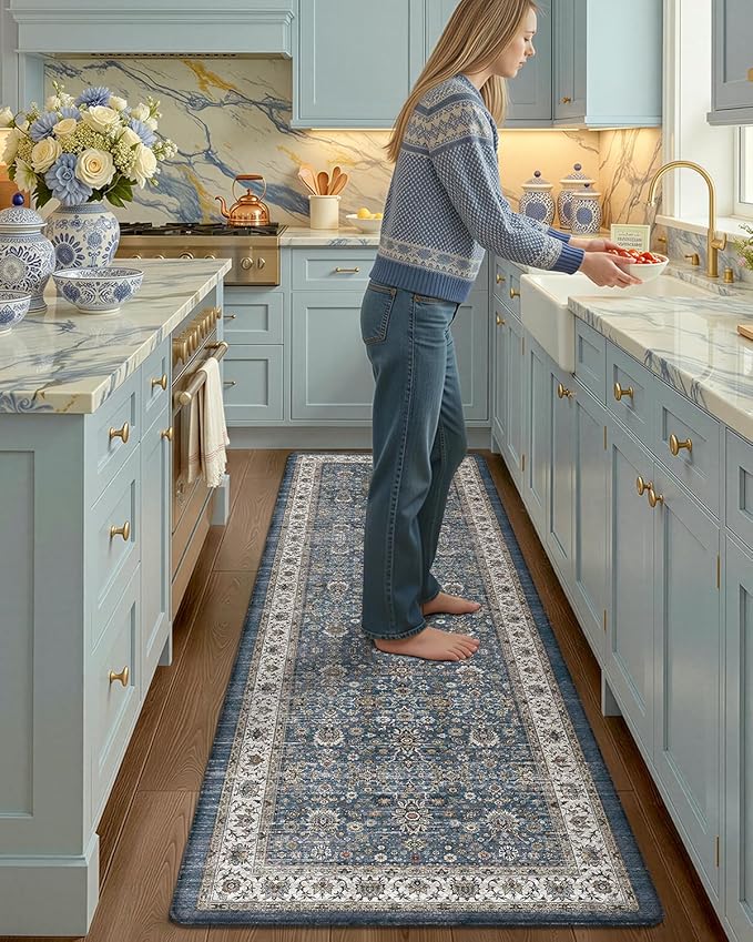 Color&Geometry Anti Fatigue Kitchen Mats for Floor 24x87, Vintage Decor, Easy Clean, Waterproof & Oil Proof, 0.4" Thick Cushioned, Non-Slip Kitchen Runner Rug for Sink, Laundry, Office, Blue