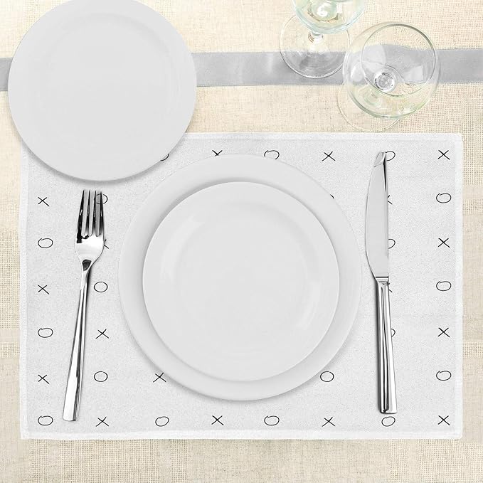 Ambesonne Xo Place Mats Set of 4, Hand Drawn Geometrical Pattern Classic Game Tic Tac Toe in Black White Colors, Washable Fabric Placemats for Dining Room Kitchen Table Decor, Black White