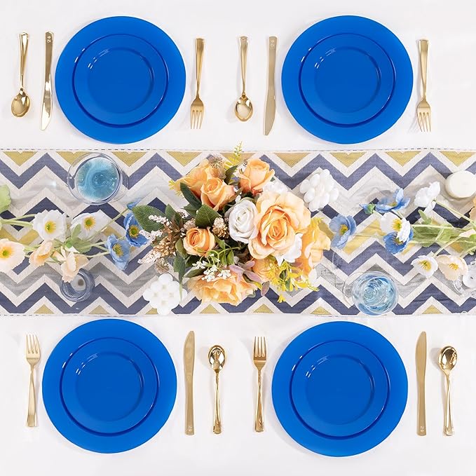 I00000 200 Pcs Plastic Plates, Plates Disposable Blue Party Plates Include 100 Blue Dinner Plate 10’’ and 100 Plastic Dessert Plate 7’’ Perfect for Wedding, Party