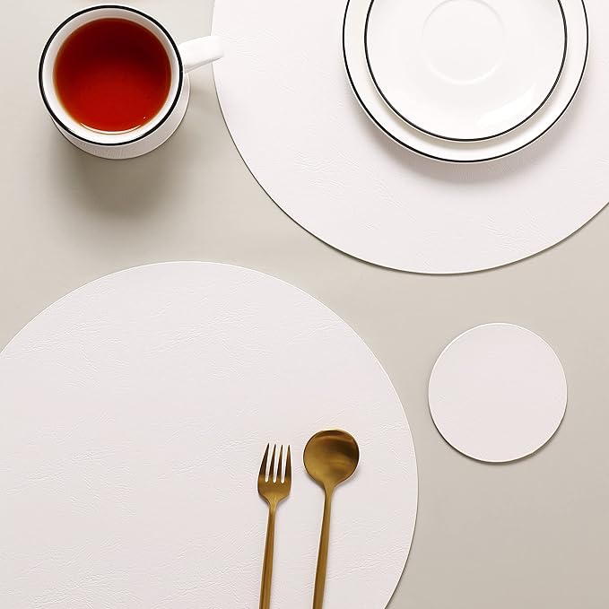 Embossed PU Leather Placemats, Waterproof Coffee Coasters, Kitchen Table Mats, Easy to Wipe Off for Dining Round Table