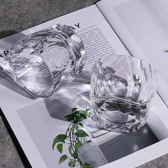 KAMMAK Crystal Whiskey Glasses Set of 2, 7.1oz Old Fashioned Glasses Stemless, Hand Blown White Cocktail Glasses, Luxury Handcrafted Cut Ice Ball Cup for Women, Perfect Men Gift for Bourbon