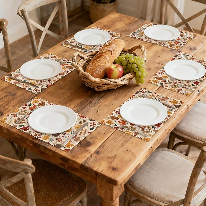 Fall Plastic Placemats, Halloween Thanksgiving Vinyl Placemats 12x18 Inch Waterproof Non-Slip Washable Table Mats for Kitchen Dining Party Table Decor,Set of 6