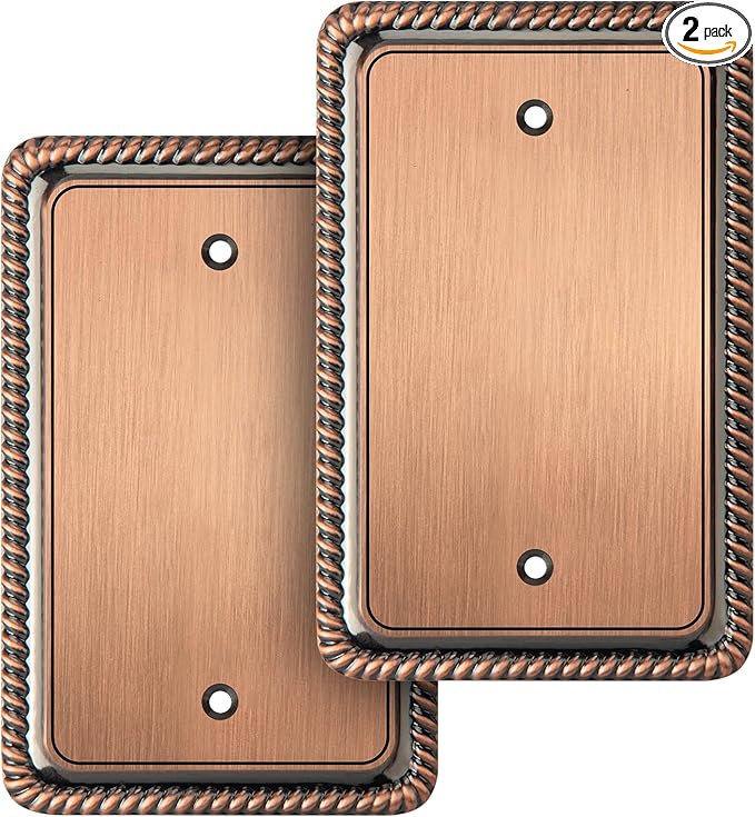 Henne Bery Rope Edge Decorative Wall Plate Switch Plate Outlet Cover (Single Blank, 2 Pack, Antique Copper)