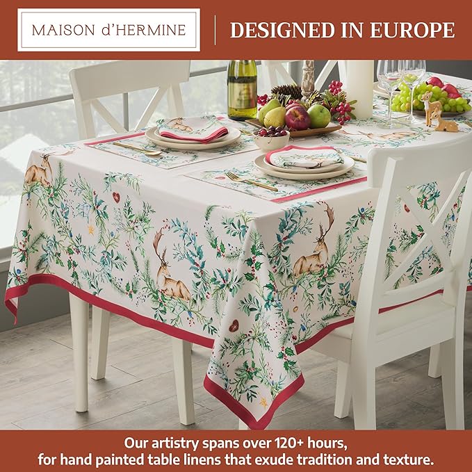 Maison d' Hermine Table Cloth Rectangle Table 100% Cotton 60 x 120 Inches Fall Tablecloth Reusable Everyday Use for Thanksgiving Christmas Decorations Dining Farmhouse Party (Holly Time)