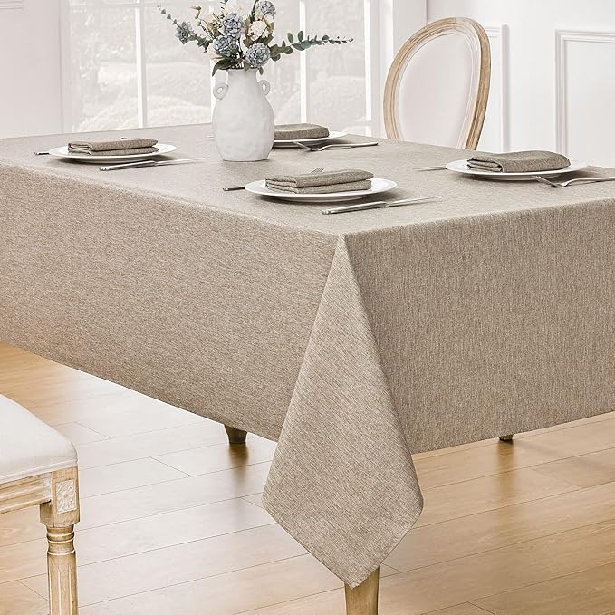 2 Pack Rectangle Tablecloth, 60x104 inch, Water Resistant Wrinkle Free Linen Textured Table Cloth Washable, Decorative Fabric Table Cover for Dining, Party and Camping, Mocha