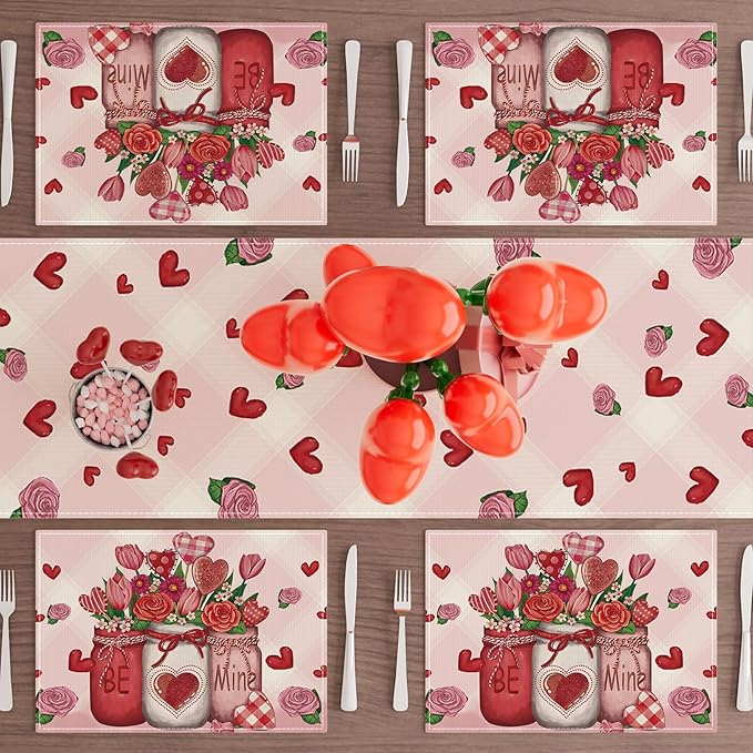 XCHI Roses Flowers Love Hearts Vase Valentine’s Day Placemats Set of 4 Table Mats for Party Home Kitchen Dining Table Decorations 12x18 Inch