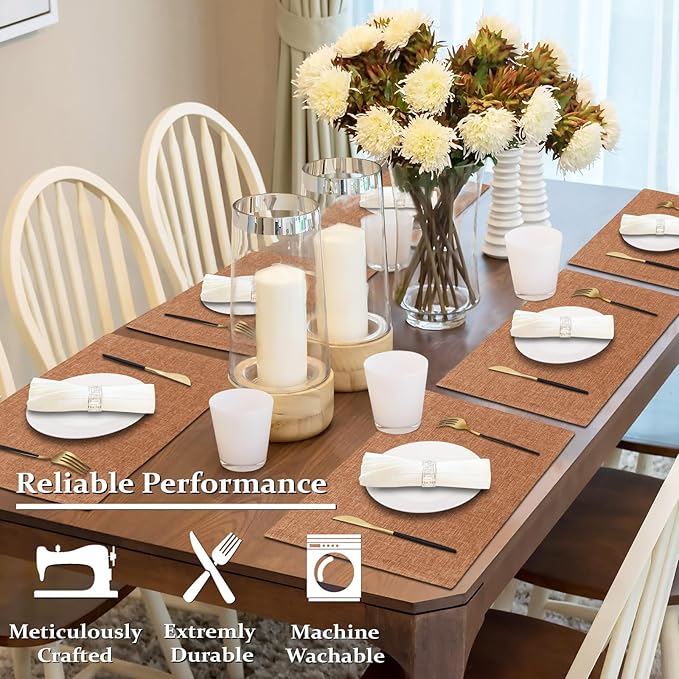 Cloth Placemats Set of 4, Cotton Linen Blend Machine Washable Double Layered Place Mats, Heat Resistant Placemats Wrinkle Free Thick Fabric Dining Table Mats for Indoors & Outdoors (Flaxen, 4)