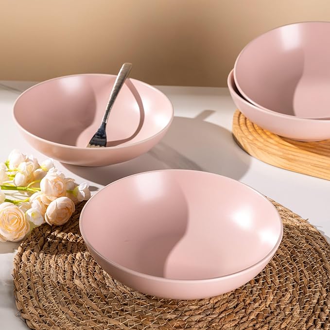 AmorArc 8.75‘’ Large Pasta Bowls, 42 ounce Deep Stoneware Bowls Set of 4 for Kitchen, Wide Bowl for Pasta/Salad/Fruit/Oatmeal/Soup, Microwave&Dishwasher Safe-Matte Pink