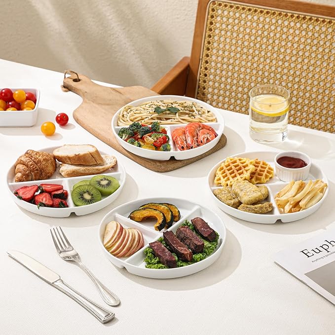 8" Ceramic Divided Plates Set - 4Pcs, Portion Control Plate, Bariatric Plate for Kids Adults, 3 Compartment Plates, Dinner Plates for Balanced Meal, Oven, Dishwasher Safe, White