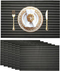 Placemats Set of 6 Vinyl Washable Placemats, 18"x12" Wipeable Heat-Resistant Non-Slip Easy Clean Table Mats Ideal for Dining Table Table Runner and Outdoor (6, Black White Stripe Black)