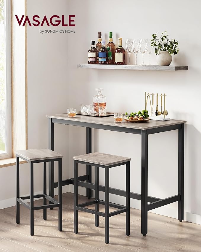 VASAGLE Bar Table and Chairs Set, Rectangular Table with 2 Stools, Dining Pub Set for 2, Space Saving for Kitchen Breakfast, Living Room, Party Room, Greige and Black ULBT015B02