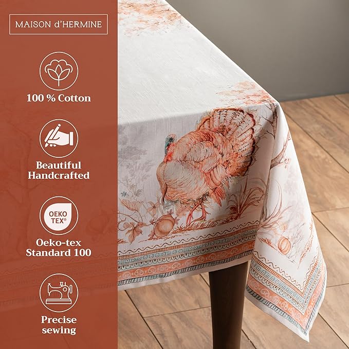 Maison d' Hermine Table Cloth Rectangle Table 100% Cotton 60 x 108 Inches Fall Tablecloth Reusable Everyday Use for Thanksgiving Christmas Decorations Dining Farmhouse Party (Giving Thanks)