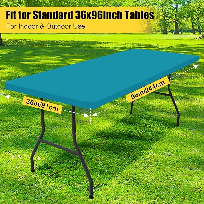 Smiry Rectangle Picnic Table Cloth, Waterproof Elastic Fitted Tablecloths for 8 Foot Tables, Washable Polyester Table Cover for Camping, Indoor and Outdoor (Teal, 36"x96")