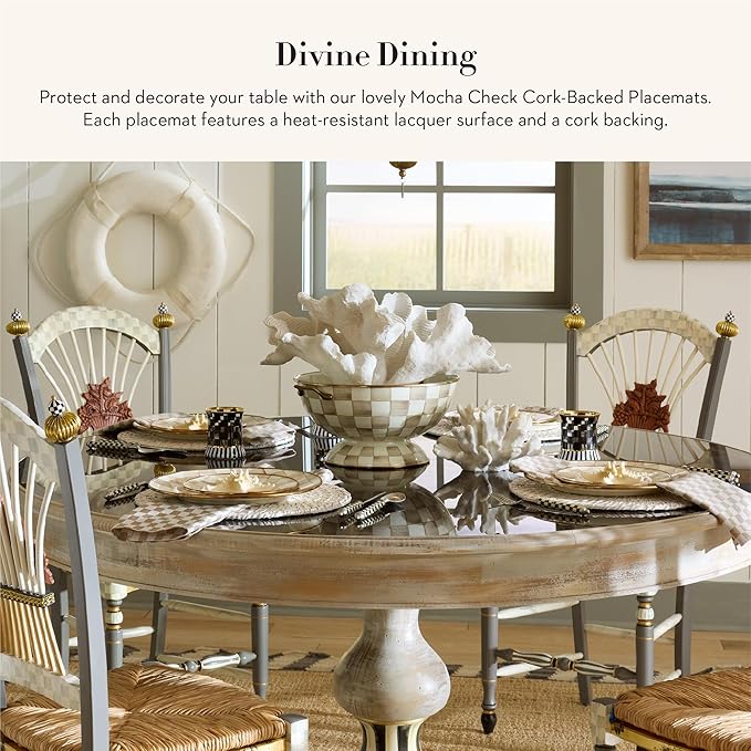 MACKENZIE-CHILDS Set of 4 Cork-Back Placemats, Hard-Finish Table Mats, Brown-and-White Mocha Check